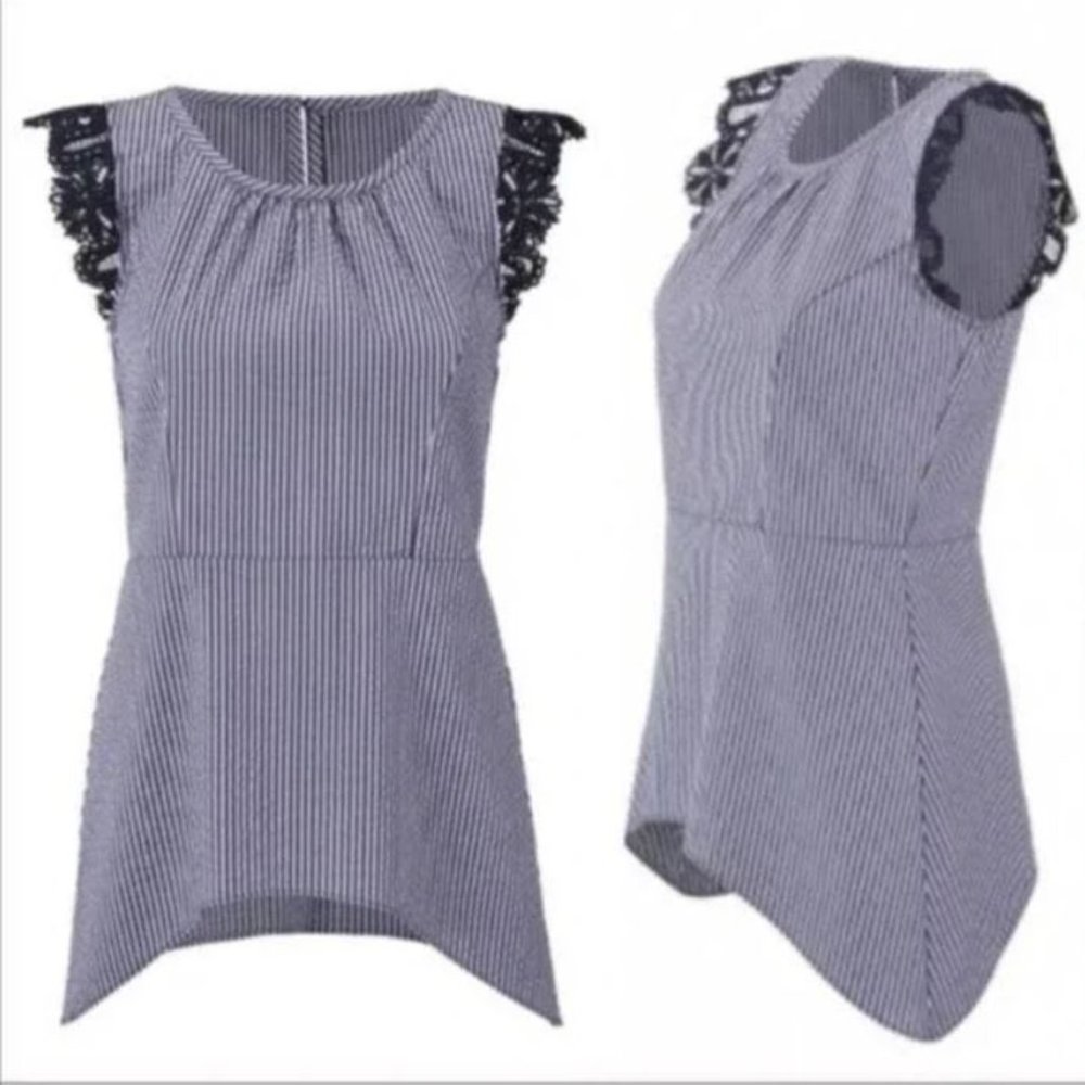 Cabi Olivia Striped Lace Flutter Sleeve Top | Blue White | Size Medium